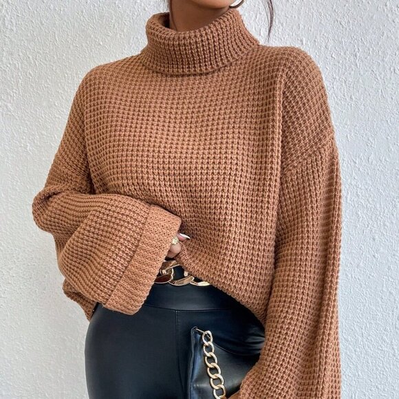 Sweaters - Camel Casual Women's Turtleneck Drop Shoulder Waffle Knit Sweater